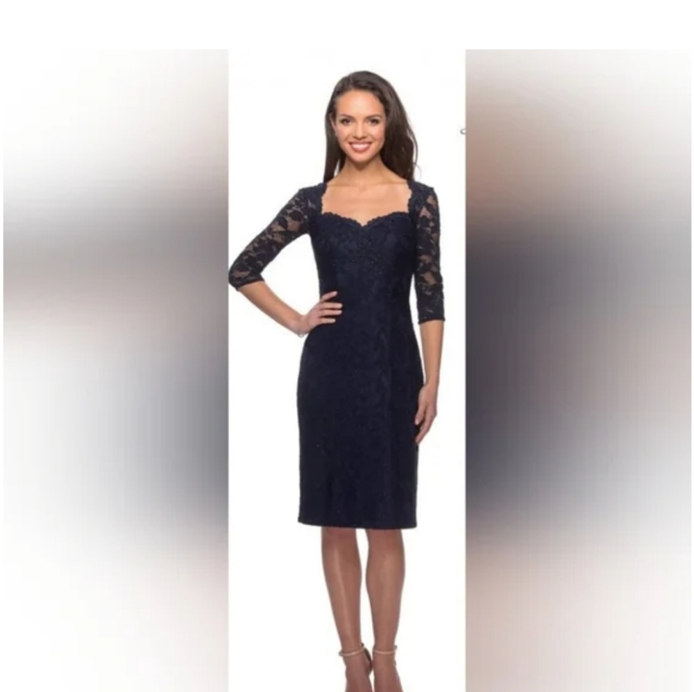 La Femme Blue Sheath Dress 3/4 Cuffed Sleeves